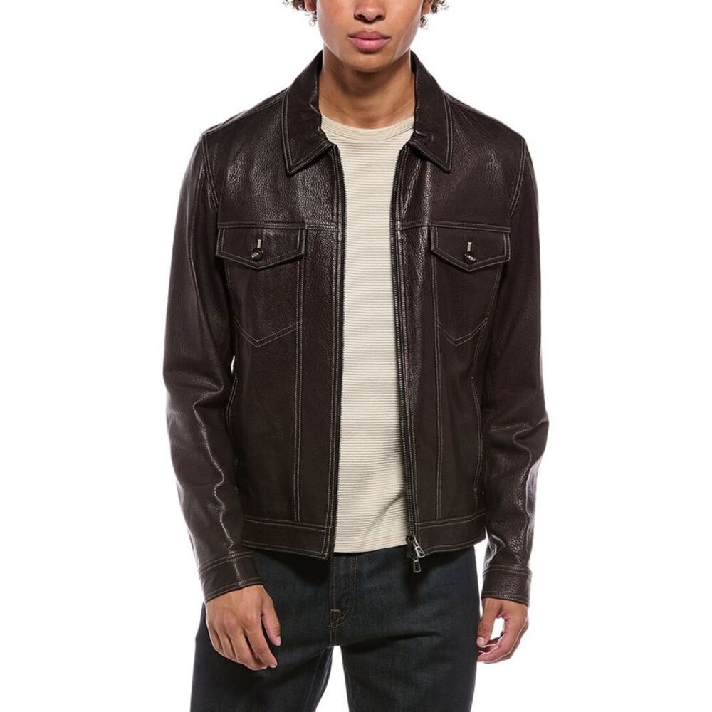 Isaia Mens Leather Jacket, Brown